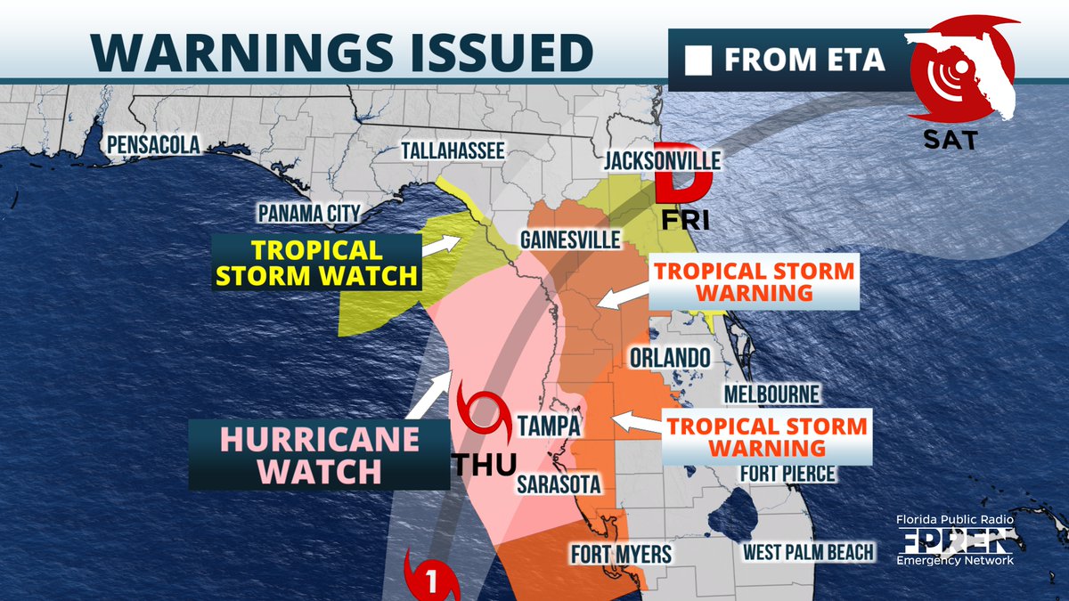 Tropical Storm Warnings are up for much of #Florida's west coast, extending inland as far as the I-75 corridor. Hurricane Watch is up for the #Tampa/#StPete area to the #NatureCoast for the chance of hurricane conditions. Tropical storm conditions most likely. #FLwx https://t.co/vvufnKPH7W