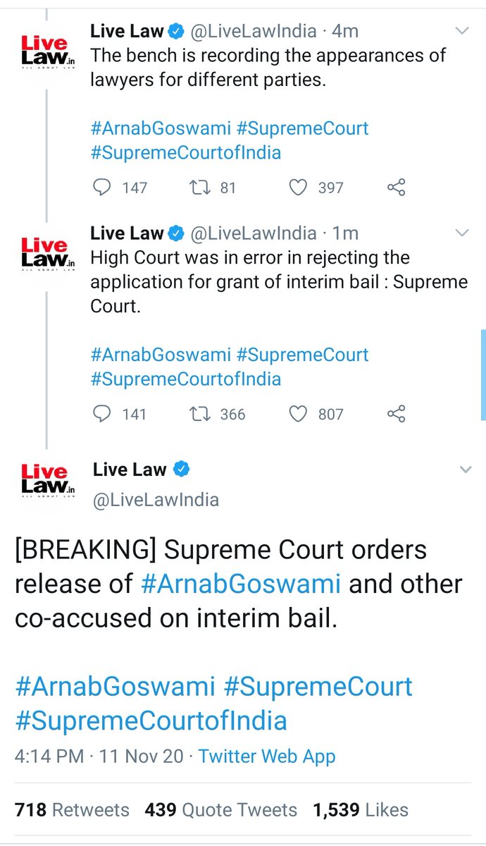 And Hon'ble Supreme Court Granted Bail to #ArnabGoswami .

A tight slap on #maharashtragovt 's Face. 

#ArnabWeAreWithYou 
#ReleaseArnabNow 
#RepublicFightsBack 

@republic 
@Republic_Bharat