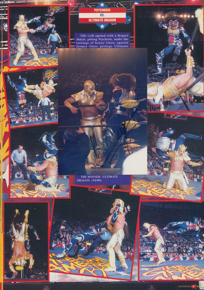 PuroAo's tweet photo. 1997年6月15日 #WCW #プロレス 観戦記-5

第1試合目
#Ultimatedragon が　#Psychosis に快勝🏆

この興行は後日、アメリカのプロレス 雑誌と週刊プロレス にも掲載されてました👍

アメリカの雑誌には写真の真ん中に #ウルティモ・ドラゴン さんからサイン頂きました😄 https://t.co/zxmr9YLHit