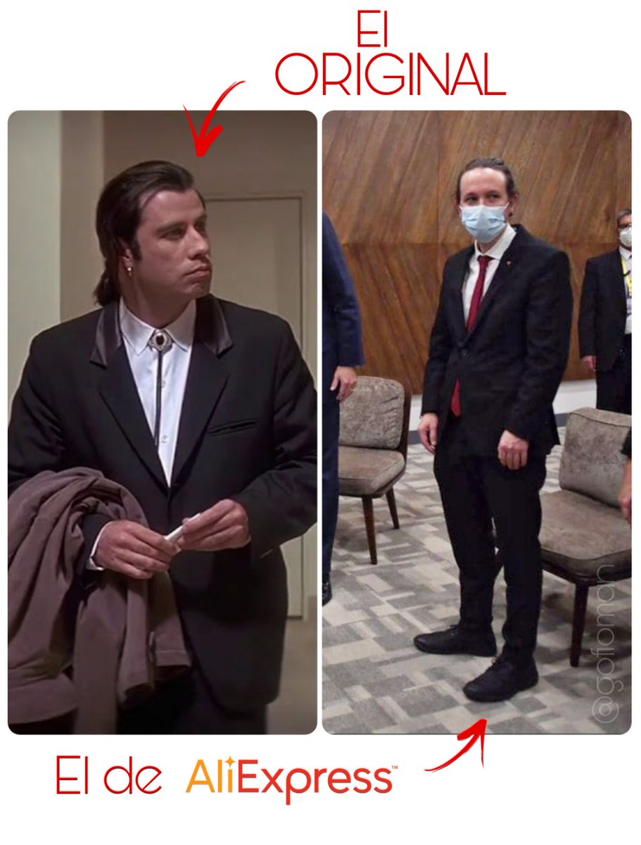 Gofioman's tweet photo. Black Friday ya está aquí... hagan sus pedidos pero cuidado con las imitaciones. #gofiofacts #pabloiglesias #johntravolta #pulpfiction #fakenews #labola #latrola #elespejo #humor https://t.co/wZRuqOGrHj