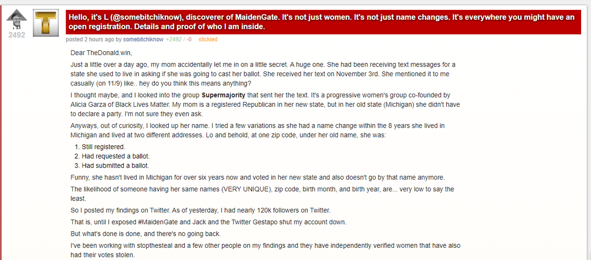JeremyMassler's tweet photo. A sticked post on TheDonald[.]win is pushing the "MaidenGate" voter fraud theory.  Lauren (aka @SomeBitchIKnow) is teaming up with @Ali, and she's hinting that the women's activist group Supermajority could be behind it all...whatever "it all" is. https://t.co/cRvuyRvLl1