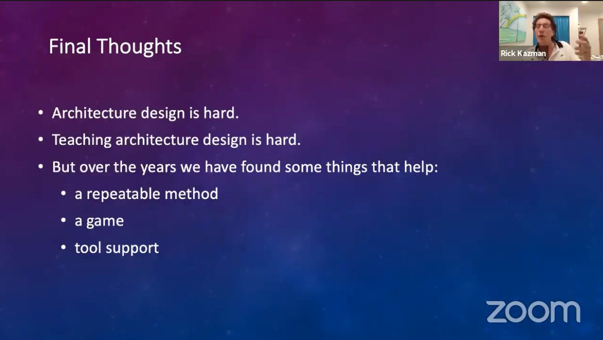 CSEETconf's tweet image. Thank you, Rick Kazman, for your presentation and valuable insights on the teaching of architectural design! #cseet2020 #keynote