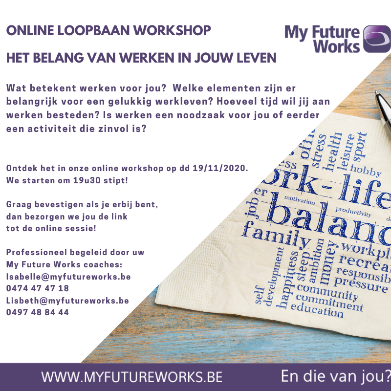 LisbethPeeters's tweet photo. Wat betekent werken voor jou? Hoe ziet jouw job er idealiter uit? Wanneer is werken zinvol voor jou?

Neem de tijd om jouw antwoorden te ontdekken in onze gratis online workshop op donderdag 19/11/2020. Meld je aan, de plaatsen zijn beperkt: lisbeth@myfutureworks.be. 

#loopbaan https://t.co/jw23h6aNdB