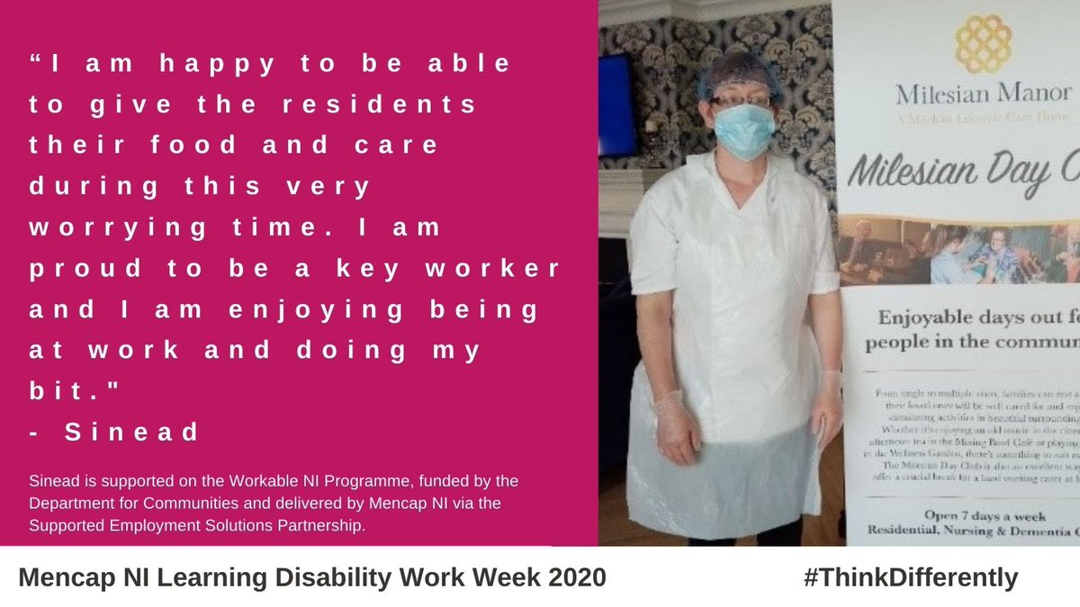 Mencap_NI's tweet photo. Sinead works as a Kitchen Assistant at Milesian Manor care home in Magherafelt. She has seen so many changes &amp; challenges since the Covid-19 pandemic started &amp; follows strict guidelines to keep everyone safe at the home. #LDWork20 #ThinkDifferently @CommunitiesNI @WeareSES https://t.co/pEVIdJsvuK