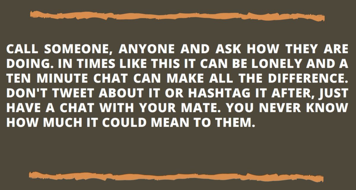 UCCRFC's tweet photo. In times like this watching a game or just being by yourself can be lonely and even ten minutes might change someone's day. 

Don't tweet about it or hashtag it after. Just call someone and ask how they are. You might save a life. https://t.co/QiIeeN9VHN