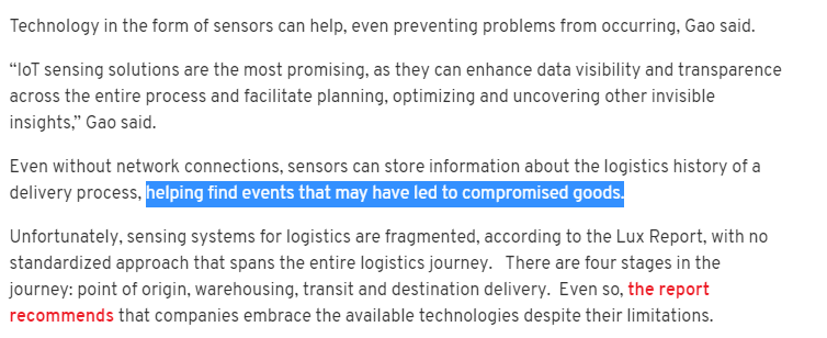 Not just cold storage will be required, but complete transparency, what if at a certain port/authority, vaccines are consistently mishandled or rendered useless? We need to know where, when and why this happens https://www.fierceelectronics.com/electronics/will-covid-19-vaccine-supply-chain-work-it-s-not-empty-concern