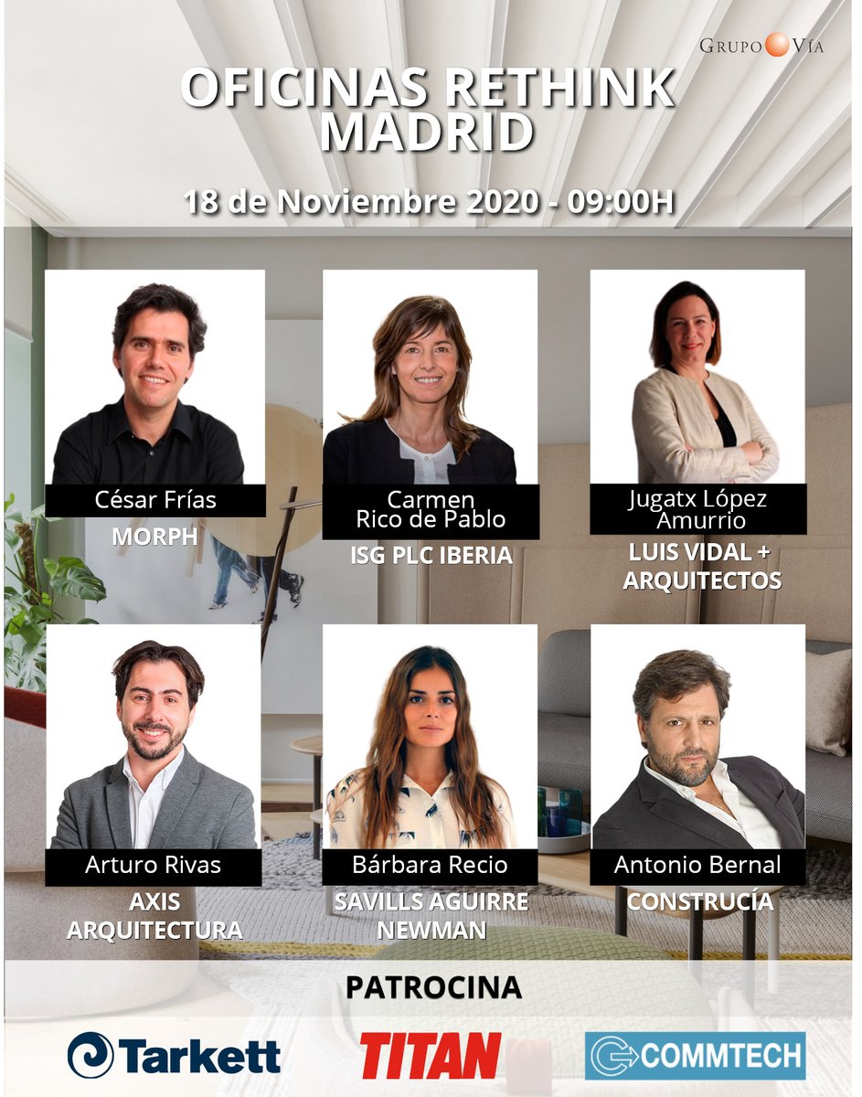 GrupoViaSpain's tweet photo. 📌"Evento Presencial -Oficinas Rethink"

⏲Madrid, 18 Noviembre - 09:00H

📍Hotel VP Madroño

✏Inscripciones:
https://t.co/bQZS5DRvUW

📢Patrocina:
@TarkettES
@TitanluxEs
@Commtech_Spain 

#arquitectura #arquitectos #madrid #oficinas #eventogrupovia #workplace https://t.co/dcgfYJRIPM