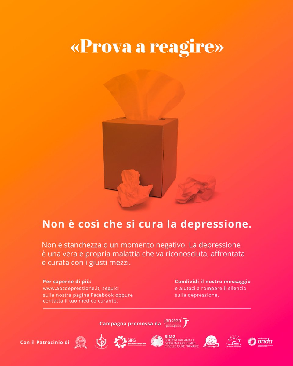 JnJ_Italy's tweet photo. ππ§π€π«π π π§πππππ§π ...
Ma la #depressione non Γ¨ una questione di volontΓ , uno stato d'animo sul quale intervenire. Γ una vera e propria malattia, troppo spesso banalizzata e oggetto di luoghi comuni
Continua a seguire #ABCDepressione
https://t.co/yv6jqPYqaQ https://t.co/FBqHvq6Bq6