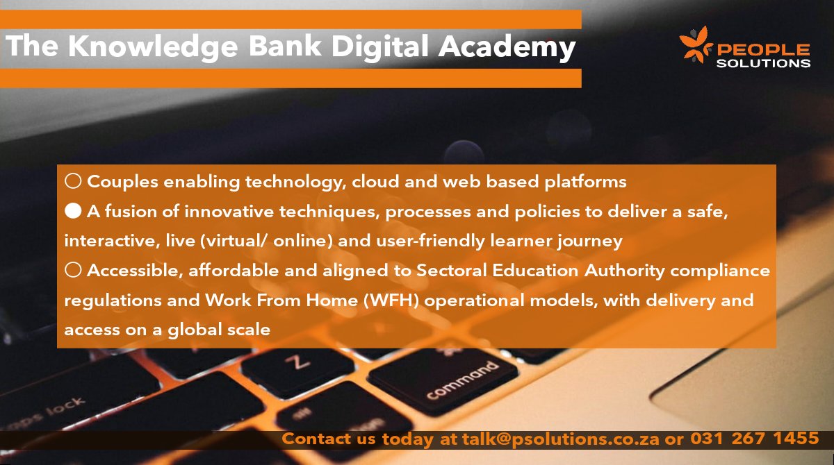 PSolutions_SA's tweet photo. As part of our company’s strategic pivot to meet the market in its new trends and needs, People Solutions launched an additional digital academy alongside our https://t.co/YVIxhQbuJ1 microlearning platform called "The Knowledge Bank". #ImpactTraining #OnlineLearning https://t.co/gEuMfRLviM