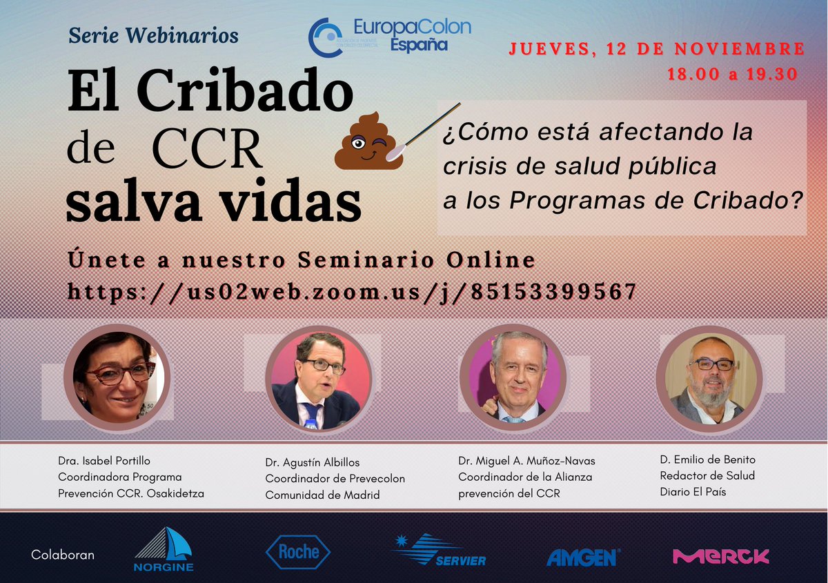 El #cribado poblacional de #cancercolorrectal salva vidas. ¿Cómo está afectando la crisis de salud pública a los Programas de Cribado? Dra. Portillo <a href="/osakidetzaEJGV/">Osakidetza</a>, Dr. Albillos <a href="/SaludMadrid/">Salud Madrid</a>, Dr. Muñoz-navas  <a href="/AlianzaColon/">Alianza Cáncer Colon</a>, 
 <a href="/emiliodebenito/">Emilio de Benito</a> 
us02web.zoom.us/j/85153399567