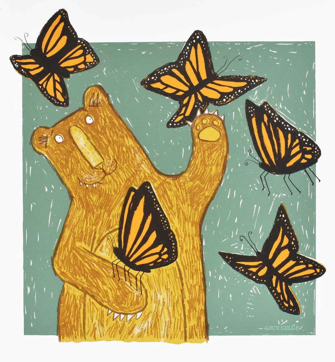 Lucygell's tweet photo. 'Flutterbear' is now available on my website. I have have hand printed 20 screenprints. Each one is signed and editioned.⁠
⁠

#monarchbutterfly #bearartist #wypw #bearillustration #bearstyle #bearseason #screenprintlife #lucygell #printmakingforthepeople #orangebutterfly⁠ https://t.co/pH1CmaTT0i