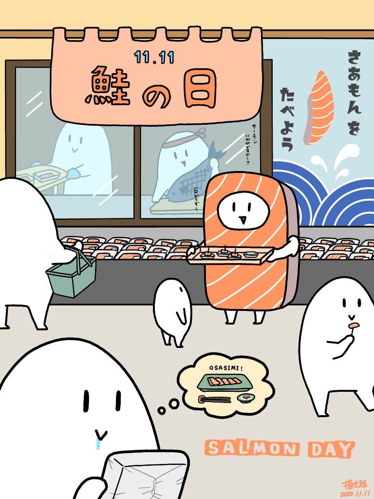 サーモンの着ぐるみ着て試食販売