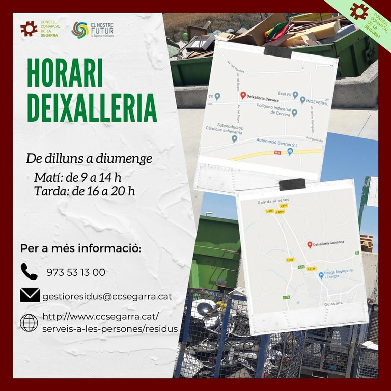 paeriacervera's tweet photo. 📢 Us recordem que la deixalleria de #Cervera està oberta cada dia 📆.

ℹ️ Hi podeu portar residus dels quals no s’efectua la
recollida selectiva domiciliària i aquells que poden incorporar matèries perilloses ♻️

✔️ Servei gratuït. 🆓

📍 Avinguda del Polígon Industrial, 60. https://t.co/b3Xoogklhw