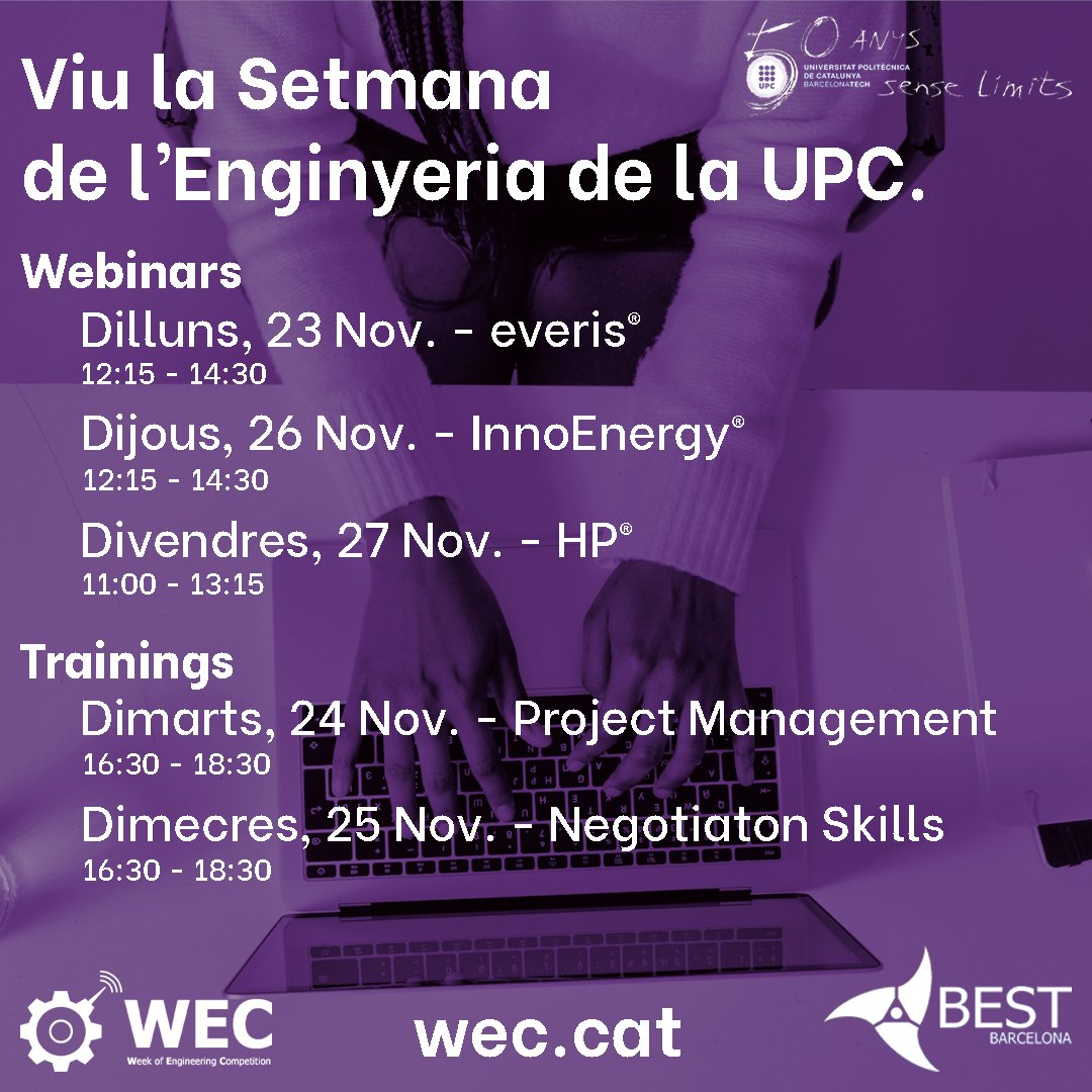 Universitat Politècnica de Catalunya (UPC) (@la_upc) on Twitter photo Arriba, a la #UPC, una nova edició de la WEC, la Week of Engineering Competition!
📅 Del 23 al 27 de novembre
↪️Organitzada per l'associació <a href="/BESTUPC/">BEST Barcelona</a>
Més informació i inscripcions a bestbarcelona.org/wec20/! Arriba, a la #UPC, una nova edició de la WEC, la Week of Engineering Competition!
📅 Del 23 al 27 de novembre
↪️Organitzada per l'associació <a href="/BESTUPC/">BEST Barcelona</a>
Més informació i inscripcions a bestbarcelona.org/wec20/!