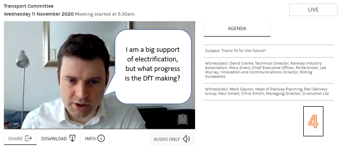 The Transport Select Committee discussed traction decarbonisation today. Watch it here. I was so delighted at the discussion I made newspaper photo comic strip of the session. Up first  @DCFutureRail  @crisortunity, Huw Merriman and Robert Largen. (1/6).