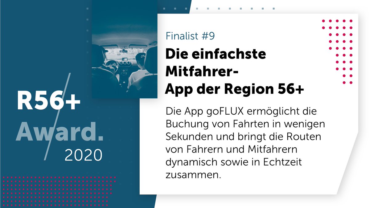 Region56Plus's tweet photo. R56+ Award Finalist #9 – Mitfahrer-App der Region 56+
„Die Zukunft der Mobilität ist in aller Munde. Dieses Projekt bietet eine Drive-Share-Plattform, die die Region 56+ in den Fokus stellt.“ (T. Brahm, Debeka) #region56plus #award https://t.co/gZJJSjUXsj