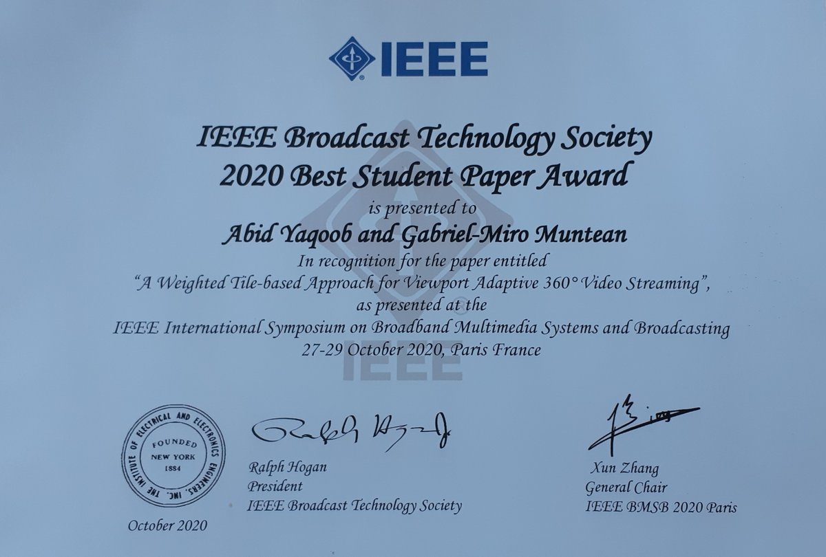 One of our papers was awarded the IEEE BMSB 2020 Best Student Paper Award (authors: Abid Yaqoob &amp; Gabriel-Miro Muntean) <a href="/PELatDCU/">PEL<a href="/DCU/">Dublin City University</a></a> @DCU <a href="/insight_centre/">Insight Research Ireland Centre</a> <a href="/DCUEngineering/">DCU Engineering</a>