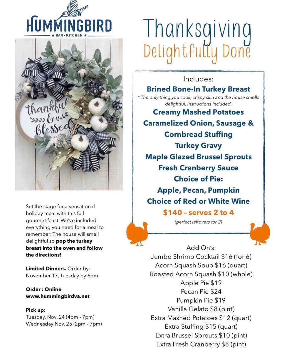 Limited Turkey dinners. Order online! We cook the side dishes and you pop the bird in! Roasting pan included. #thanksgivingtogo