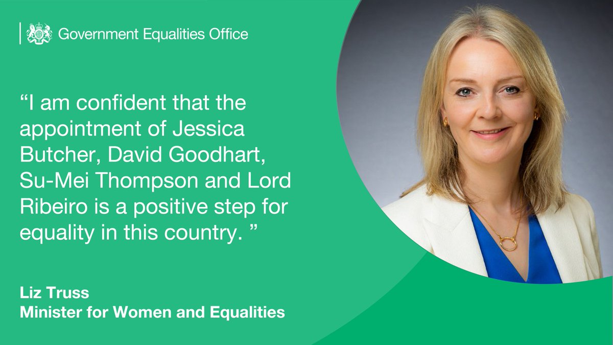oeogovuk's tweet photo. 1/ Minister for Women and Equalities, @trussliz, has appointed four new commissioners to the @EHRC board:

🟢 Jessica Butcher MBE
🟢 David Goodhart
🟢 Su-Mei Thompson
🟢 Lord Ribeiro

Find out more 👉https://t.co/njohwS28Ks https://t.co/fK3aJYDegg