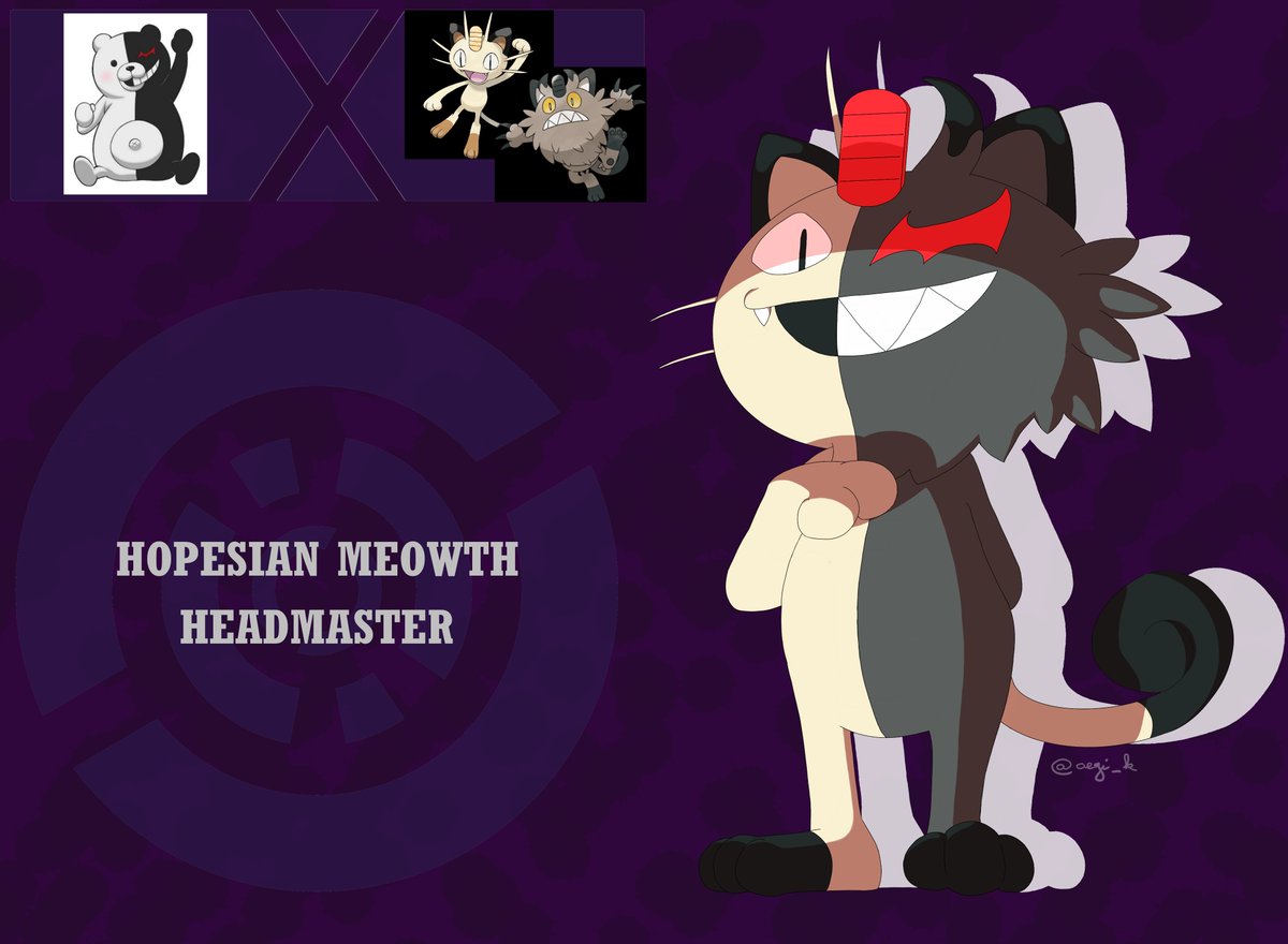aegi_k's tweet photo. #Danganmon 1: Hopesian Meowth! Meowth's mischievous personality  and its many forms make for a perfect Monokuma as a pokemon.

Follow me for more Danganmons! Retweets and likes are a huge help!

#Pokemon #danganronpa #fakemon #pokemonfanart #fanart https://t.co/69WvEHInWK