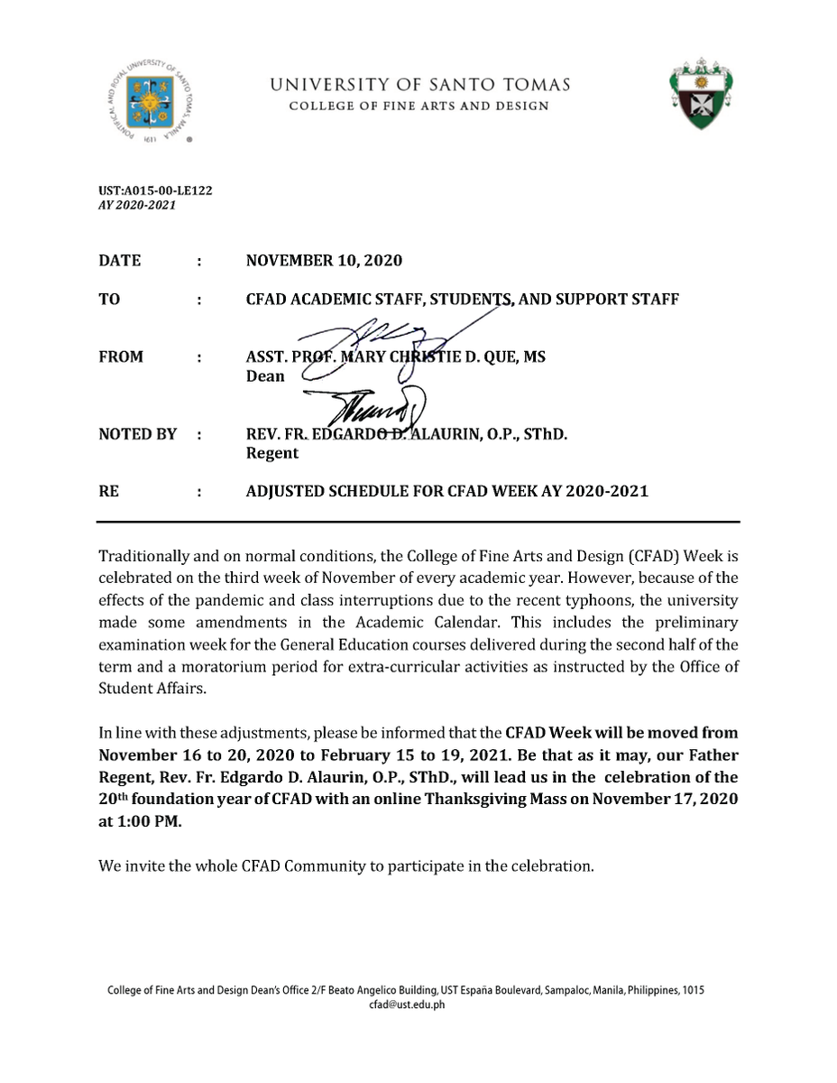 ustcfadsc's tweet photo. ANNOUNCEMENT:
RE: Adjusted Schedule for CFAD Week 2020 - 2021
To all CFAD Academic Staff and Students, please be guided accordingly.
#CFAD2020
#CFADUncharted https://t.co/4CNZ7BJK2M