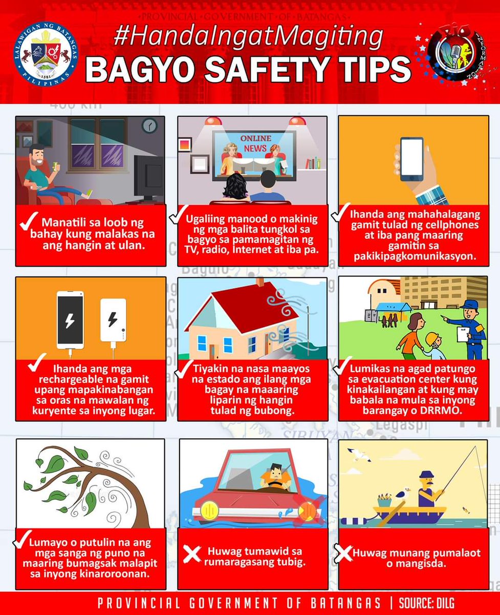 batspiocapitol's tweet photo. Sa panahon ngayon, tayong mga Batangueño ay maging #HANDA, mag-#INGAT, at manatiling #MAGITING!

Sundin ang mga sumusunod na paalala para sa ating kaligtasan.

#HandaIngatMagiting
#BatangasMagiting https://t.co/zA4TwD9lfN