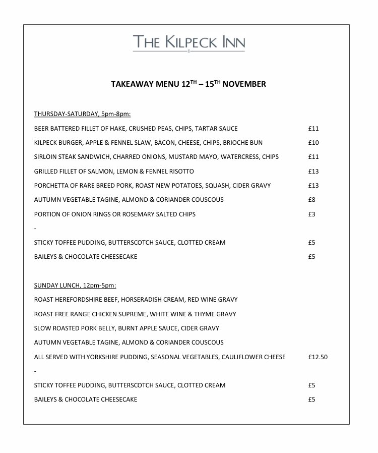 This week’s takeaway, featuring even more delicious delights! Just call or email with your order and collection time and we’ll do the rest…