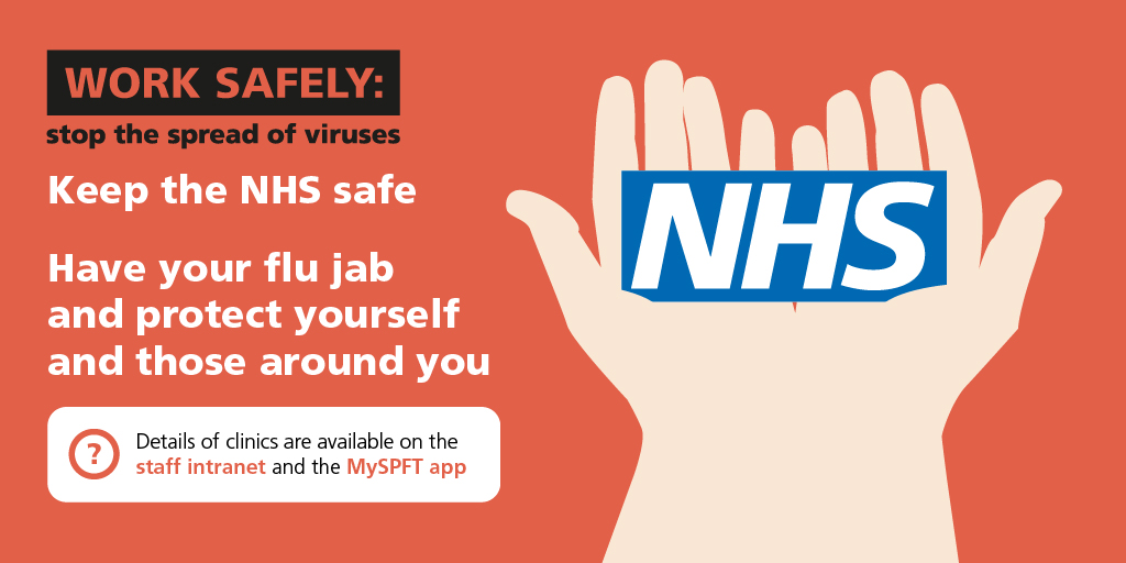 SPFT_NHS's tweet photo. We've got some availability at our staff flu vaccination clinics at various locations across the organisation. It's really important to get vaccinated against the flu virus so please do check the intranet or MySPFT app for more details and book your appointment. Thank you. https://t.co/Qnc52NdHiQ