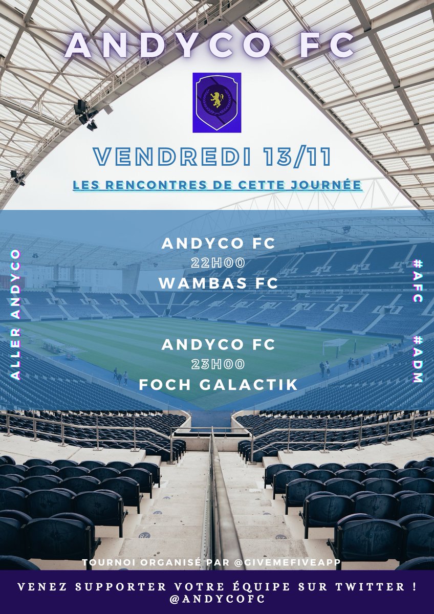 🗓 Pour le tournoi organisé par <a href="/GiveMeFiveApp/">GiveMeFive App</a>, les premiers matchs auront lieu ce vendredi 13 Novembre pour notre équipe.
Voici le programme de la soirée avec 2 matchs !
#Clubpro #FIFA21 #AFC #AndycoFC ⚽️
