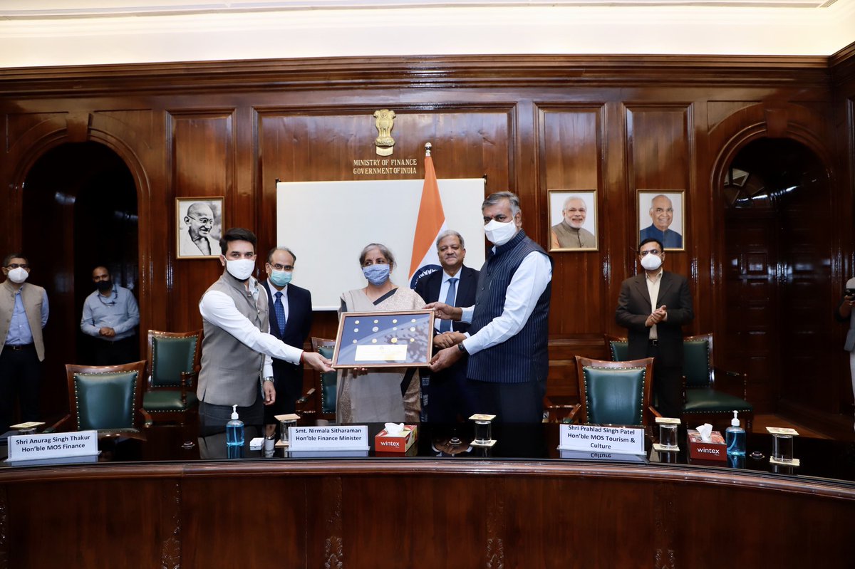 cbic_india's tweet photo. Union FM Smt @nsitharaman handed over ancient &amp; medieval period Antiquities/Coins confiscated by CBIC to Union MoS for Culture, Sh. @prahladspatel in a ceremony held today. MoS Finance @ianuragthakur, Finance Secretary, Chairman CBIC, DG ASI &amp; Board Members attended the ceremony. https://t.co/A7j6sR8KC9