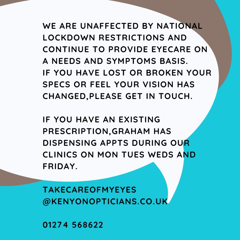 Yes we are open! 
We continue as we have done over the past few months,prioritising needs and symptoms based care.

Would appreciate a share of this update.

#bingley #UKlockdown #opticians #eyecare #local #westyorkshire