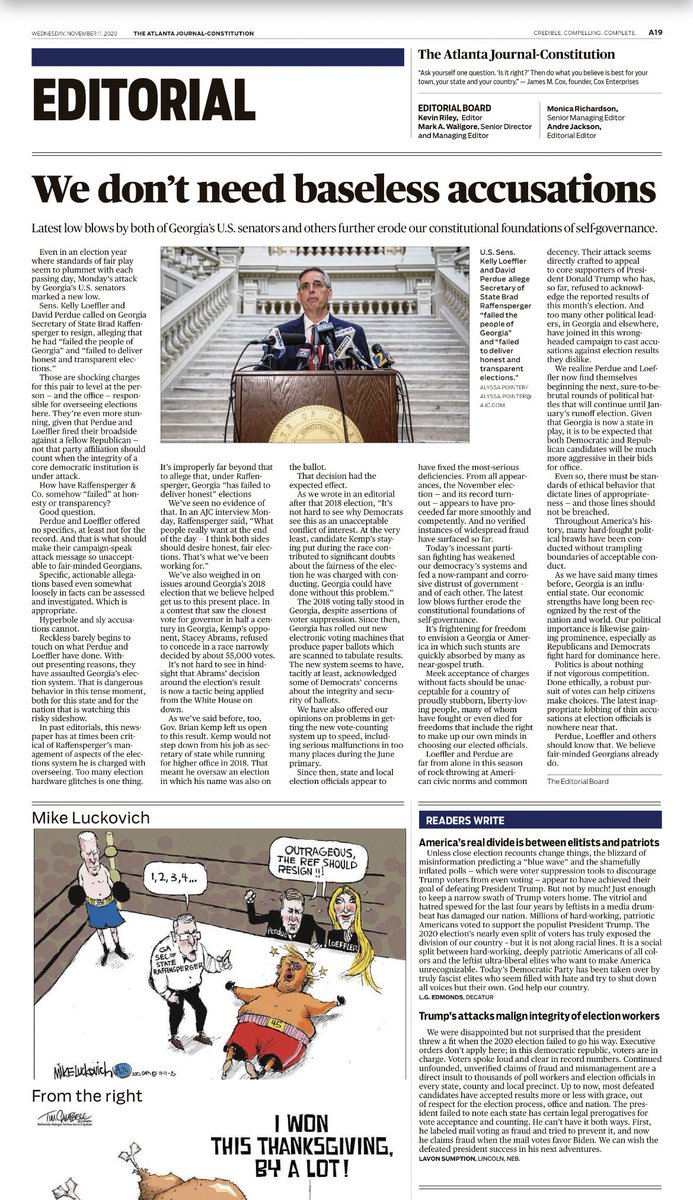 bluestein's tweet photo. An above-the-everything editorial in the @ajc this morning calls the decision by Sens. Perdue and Loeffler to slam the election results without evidence “dangerous behavior.” #gapol #gasen https://t.co/15imf3EvRL