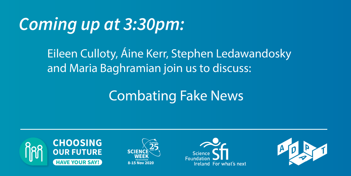 AdaptCentre's tweet photo. What has your experience with fake news been during the pandemic? Join @CullotyEileen. @mariabaghramian and @STWorg to discuss the virus of misinformation this afternoon. Have your say at https://t.co/kfYKKXsm9w 
@DCU @ucddublin https://t.co/bNdPMcuJu0