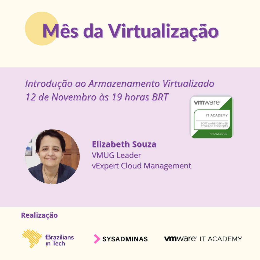 sysadmbr's tweet photo. Na terceira sessão do Mês da Virtualização, a @BethCSouza falará sobre Armazenamento Virtualizado. 👩💻
Se inscreva no link: https://t.co/K77aJgJwTj
#VMware #Virtualization #Cloud #Infraestrutura #WomenInTech #BraziliansInTech #SysAdminas https://t.co/HPNxbfcOKm