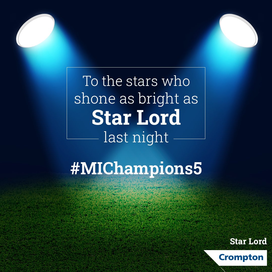 Crompton_India's tweet photo. The true champions joined Star Lord to brighten up last night!
Congratulations to the #MumbaiIndians team for taking home the trophy for the record fifth time!  

Check out this link to find out how you can get #MaximumBrightnessMaximumStyle - https://t.co/Ti4wYSPxgz https://t.co/zIjdJuniBD