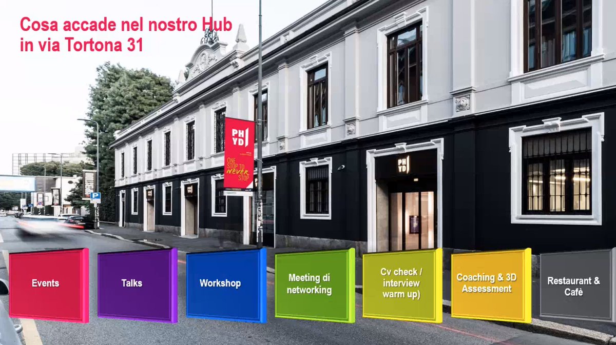 AdeccoGroupITA's tweet photo. #PHYD è anche un luogo fisico: nella sede di via Tortona a Milano oltre agli eventi, ai talk e ai workshop, sono previste attività di CV check, #coaching e 3D Assessment. #ExperienceWorkDay 2020 https://t.co/SmQSZkVvZO https://t.co/Kea9jvIuuw