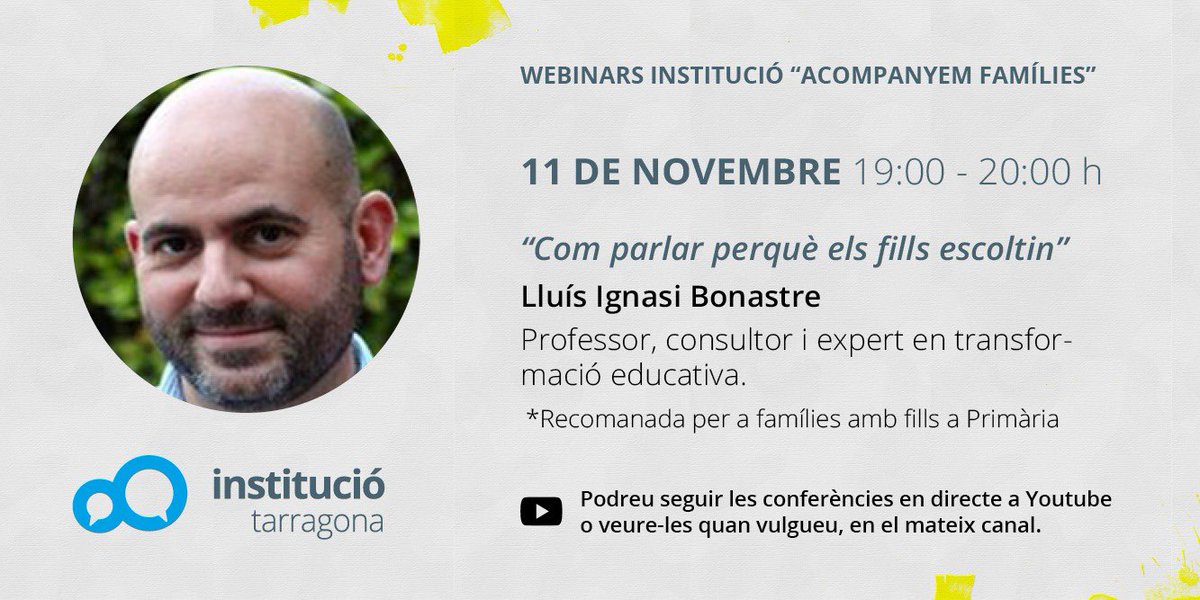 Com parlar perquè els fills escoltin amb Lluís Ignasi Bonastre. No t’ho perdis! #acompanyemfamílies <a href="/turo_twitt/">Institució Turó</a> <a href="/_institucio/">Institució Familiar</a>