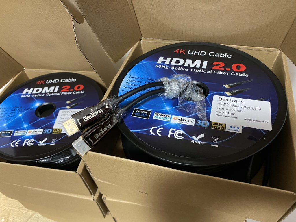 bestranstek's tweet photo. Shipped out today 100+ PCs HDMI 2.0 18Gbps 4K60 Active Optical Cable (AOC), 40 meters. www.bestranstekcom
#bestrans #aoc #HDMIAOC #fibercable #avtweeps https://t.co/o5w59P6YsU