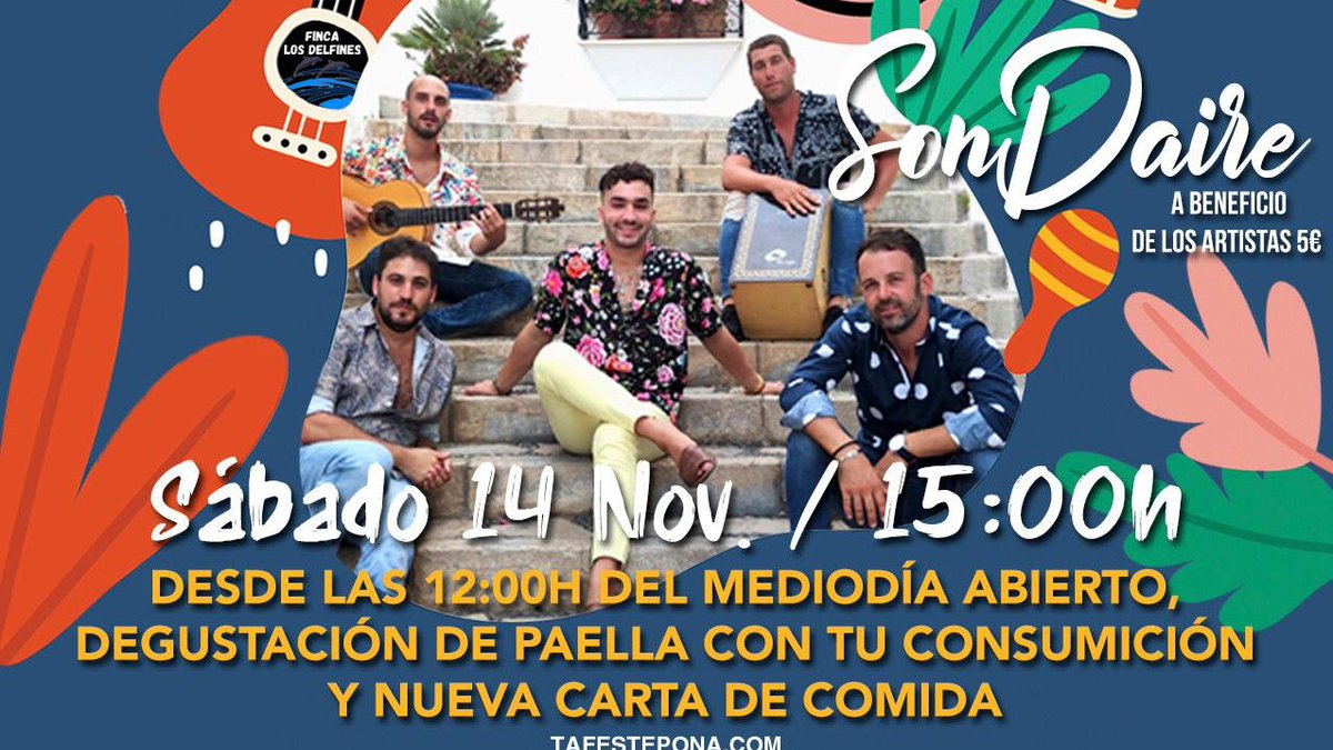 Sábado 14 de noviembre 15h TAF GARDEN | ️SonDaire
El mejor son esteponero. Entrada: Aportación 5€ (a beneficio del artista) La terraza estará abierta desde las 12h con la presencia de DJ Mxnch1 #CulturaSegura