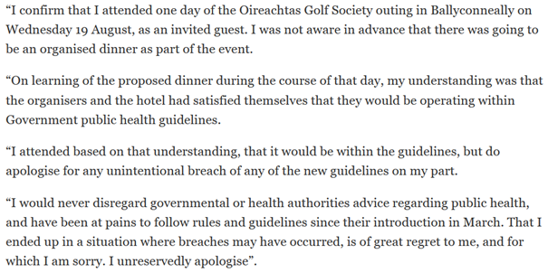 The text of the apology, issued on the afternoon of 21 August, is as follows. The CJ refers to this in his letter of 5th Oct as a ‘limited apology’.