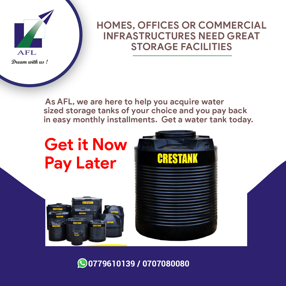 afroleasing's tweet photo. Your water problem has been solved. Get a finance lease for water storage tanks and pay us later. Our lease finance also
cuts across from Furniture, Home appliances to Construction materials. Contact us. #leasing #afroleasing https://t.co/QE0AGqo0d1
