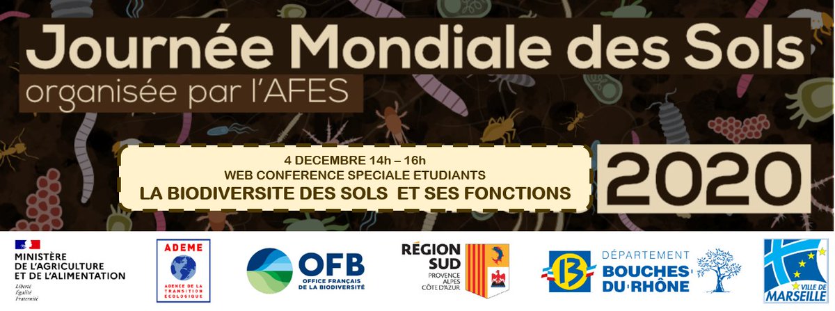Enseignants, formateurs, étudiants ! A l'occasion de la #JMS2020 l'#AFES propose une web conférence spéciale étudiants pour découvrir la biodiversité des sols et les fonctions qu'elle assure. Rendez vous le 4 décembre de 14h à 16h. INSCRIPTIONS 👉afes.fr/2020/11/06/ins…