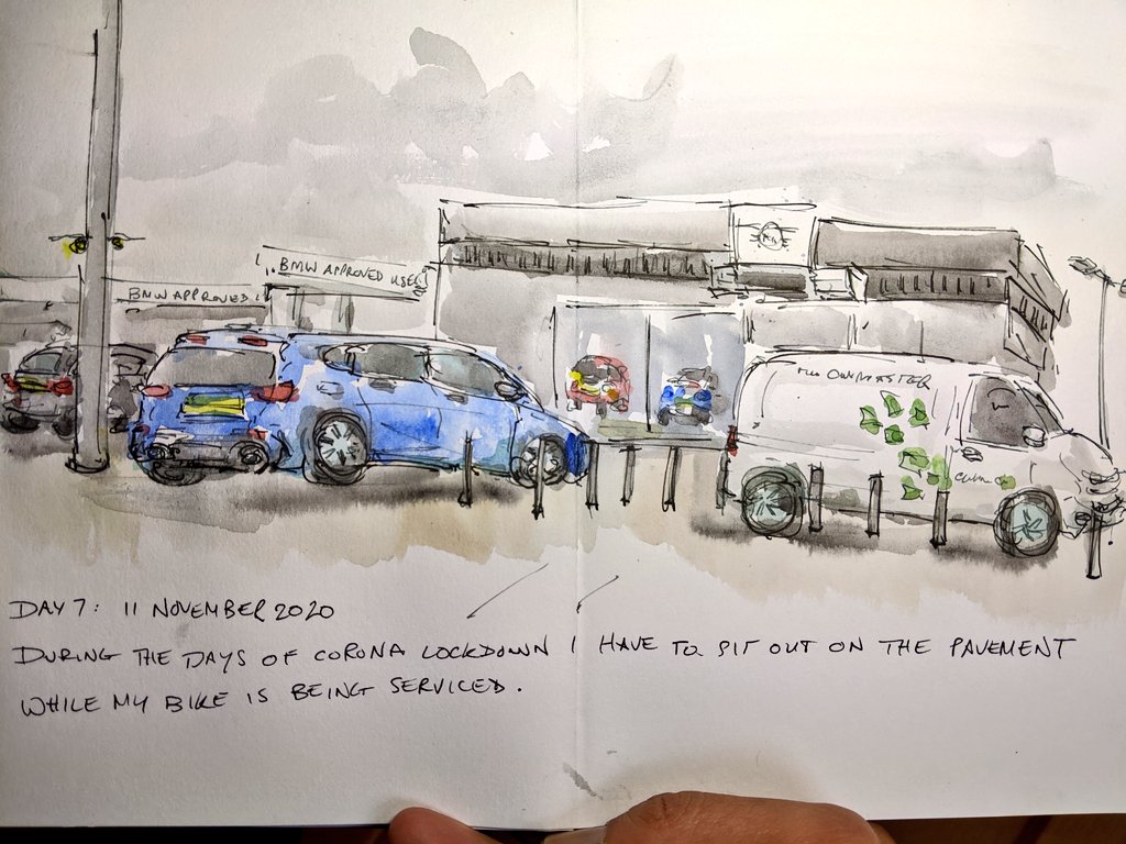RolandN's tweet photo. Lockdown Volume 2, Day 7. Bike servicing done under Corona lockdown rules 

#cars #garage #usk #urbansketchers #coronacreativity #lockdown2 #art #coronajournal #sketch #painting #illustration https://t.co/dbxyog5GFc