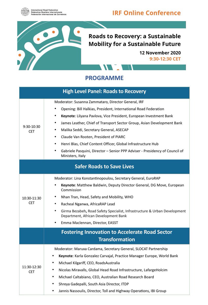 IRFofficial_org's tweet photo. We are ready! #IRF4Recovery Conference kicks off tomorrow 12 Nov at 9:30 CET. Check this great line-up of speakers and the program and join us. Almost fully booked so register now https://t.co/u5zoSUoruP #RecoveryPlan #SustainableConstruction #COVID19 https://t.co/QVSU6AsERo