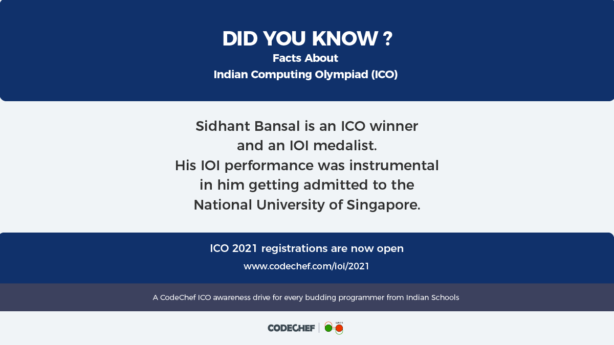 codechef's tweet photo. To register for ICO 2021, click here: https://t.co/OARii8j7nD
Spread the word - Please reshare to make all Indian school students, school authorities and parents aware of ICO 2021.
#GoForGold #CodeChef #programming #CodeChefForSchools https://t.co/KGlR5pIRDx