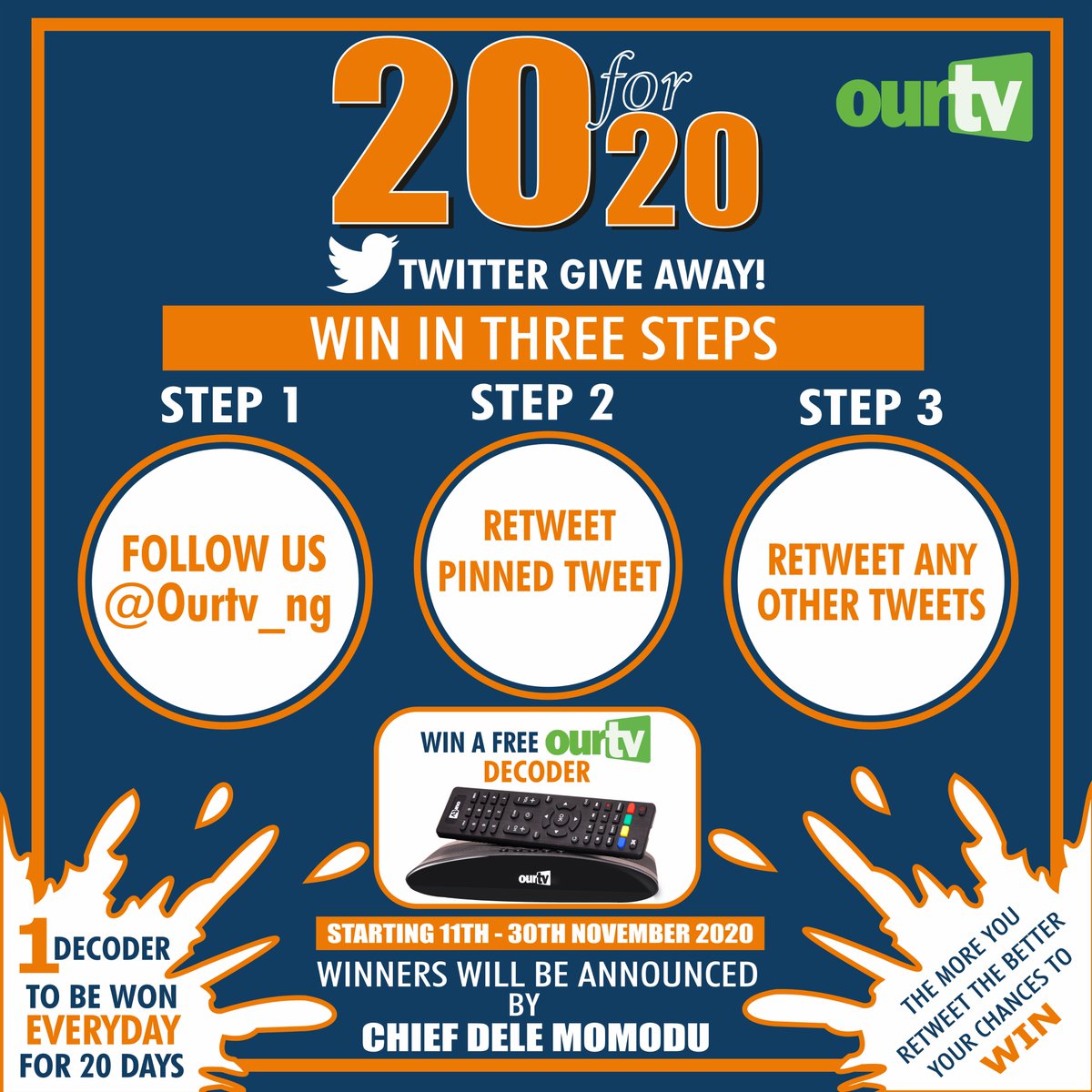 All you have to do to WIN a decoder is 
1. Follow our Twitter handle @Ourtv_ng.

Click the link below to follow NOW!
x.com/Ourtv_ng

2. Retweet pinned tweet 

3. Retweet any other of our tweets. 
    
<a href="/DeleMomodu/">Dele Momodu Ovation</a> 
#ourtvishere
#getourtv
ourtv.ng