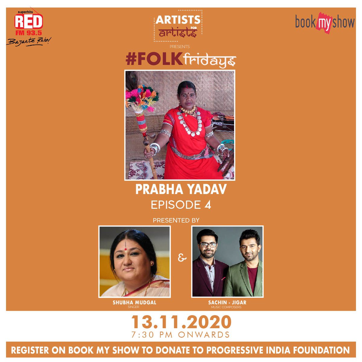 Join us this Friday, 13th November 2020 at 7:30pm to listen to Prabha Yadav, Pandavani singer of Chhattisgarh perform one of the most celebrated forms of folklore from Chhattisgarh and do your bit in supporting folk artists. 
#ArtitsForArtists
<a href="/smudgal/">Shubha Mudgal</a>
<a href="/SachinJigarLive/">Sachin-Jigar</a>