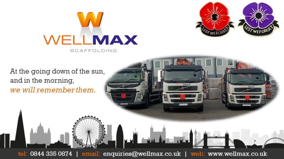 Some of the WellMax Scaffolding transport fleet displaying the poppy symbol; paying respect to those that gave so much.
