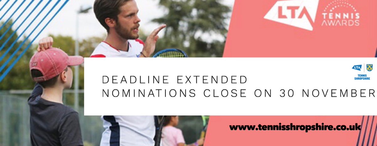We have extended the deadline for Shropshire nominations for the 2021 LTA Awards to November 30. 

Awards period runs from Dec 1, 2019 to Nov 15, 2020, so any competitions etc that were running before lockdown are eligible.

Info and nomination form🔽🔽 

lta.org.uk/about-us/what-…