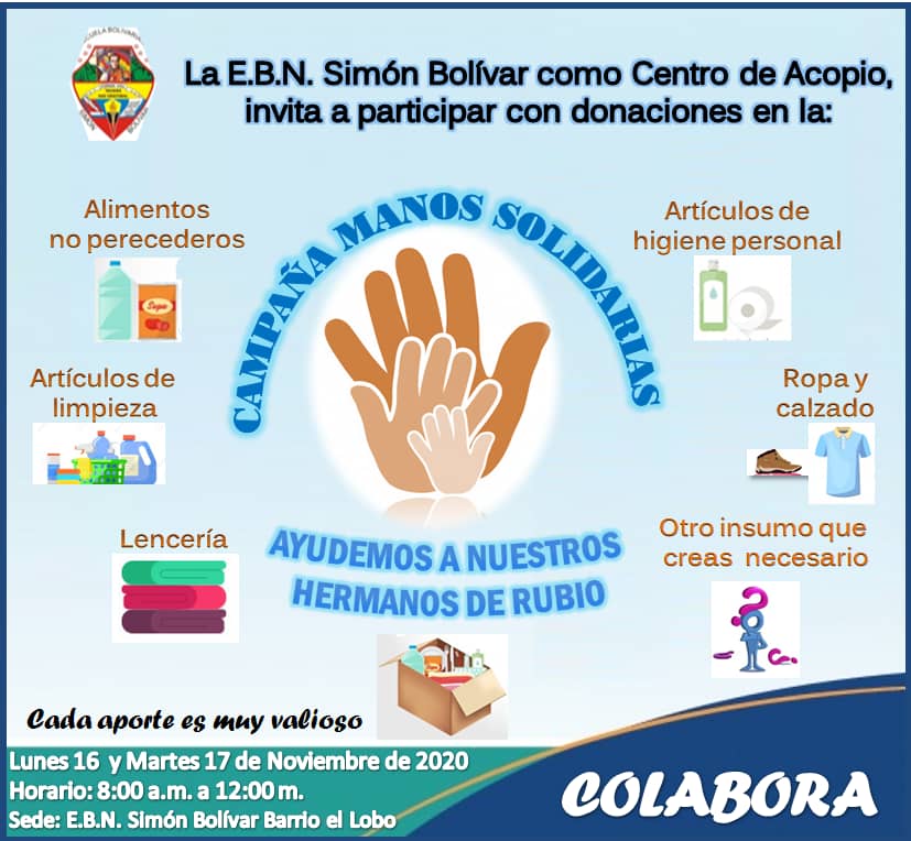 #Campaña 🤚Brindemos una mano solidaria a nuestros hermanos de Rubio, realiza tu donación en el Centro de Acopio <a href="/EB_SIMONBOLIVAR/">E.B. Simón Bolívar</a> #Colabora @ZonaEducTachira <a href="/charlychaves/">Charly Rojas Chaves</a> @MPPEDUCACION <a href="/Circuito27Sc/">Circuito27_SC</a> <a href="/clifpsc/">CLIFPMV Municipio San Cristóbal</a> <a href="/Crazet2011/">Crazet2011</a> @elaranerored3